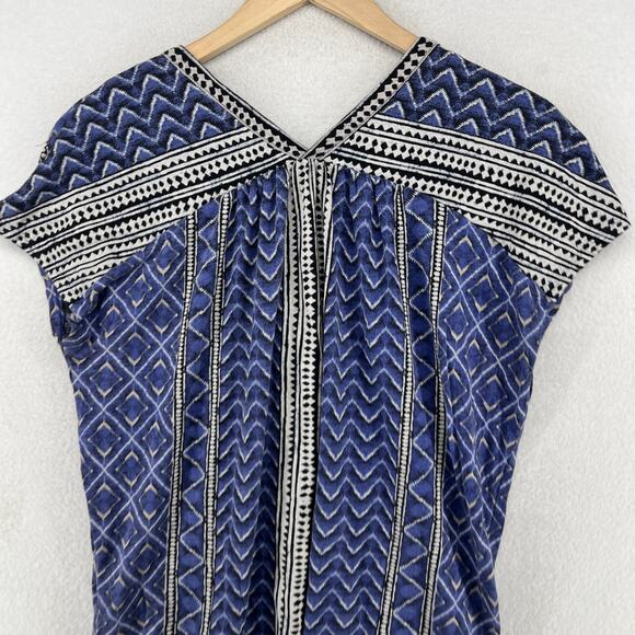 LUCKY BRAND Blouse M Chevron Double V-Neck Button Up Boho Tribal Cap Sleeve Blue - Picture 8 of 13